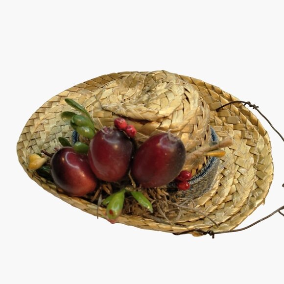 Straw Hat Christmas Ornament Vintage Fruit Mexican Hispanic Rustic Denim Band - Picture 2 of 8